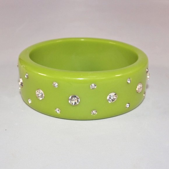Lime Green Vintage Acrylic Bangle with Rhinestone Accents - Picture 1 of 4